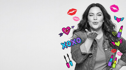 Smiling woman blowing a kiss with colorful stickers in the background  