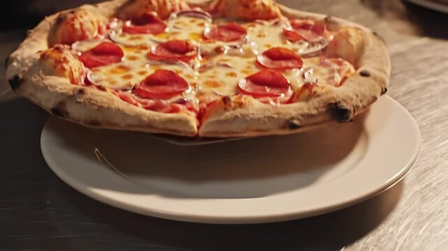 Freshly baked pepperoni pizza with red onions and melted cheese being slid from a metal peel onto a white plate ready to be served in a restaurant kitchen.