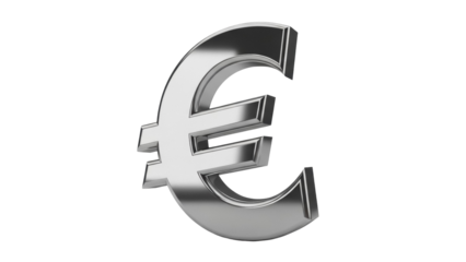 Shiny silver Euro currency symbol isolated PNG, European Union money sign on transparent background for finance and business design use
