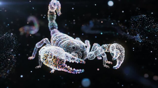 A mystical Scorpio zodiac sign as a celestial scorpion formed by shimmering particles in deep space.