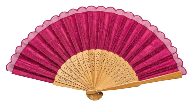 Elegant magenta hand fan with floral pattern isolated PNG, traditional Asian accessory for dance performance and cultural events