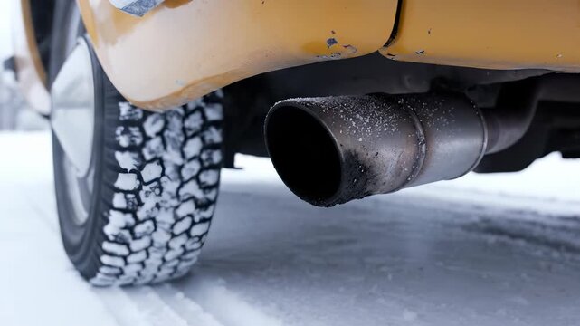 Close-up of a car exhaust pipe emitting thick white smoke on a snowy winter road, showing the rear tire and yellow vehicle body in cold weather conditions.