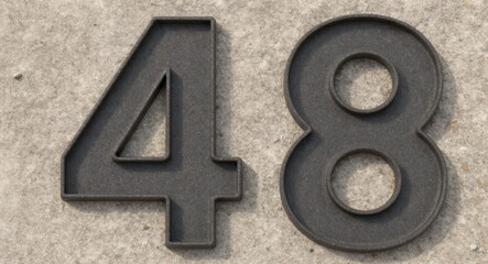 Aged Dark Metallic Number 48 with Intricate Patterns on Rough Concrete