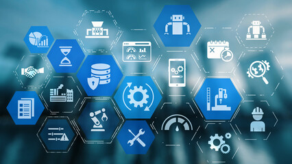 Naklejka premium Predictive maintenance icons for industry, automation, smart factory and manufacturing showing data analysis, monitoring, robotics and system optimization with advanced maintenance solutions. Gist