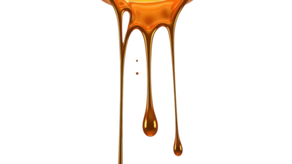 Golden honey dripping isolated PNG on transparent background, sweet liquid caramel syrup flowing down for food and dessert design