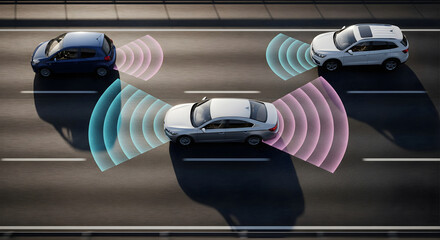Autonomous cars on highway with sensing systems, concept of self driving vehicles and technology