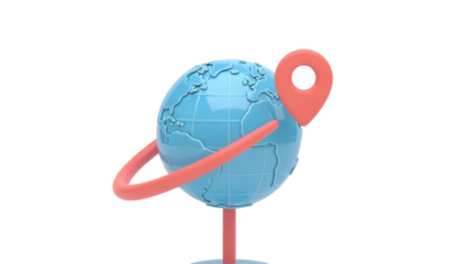 Blue globe with red location pin isolated PNG, 3D rendering of travel destination and global positioning system concept on transparent background