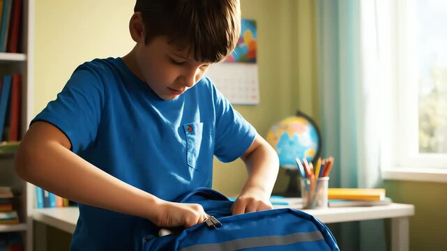 A young schoolboy carefully packs a digital tablet into his blue backpack getting ready for school in his sunlit room.
