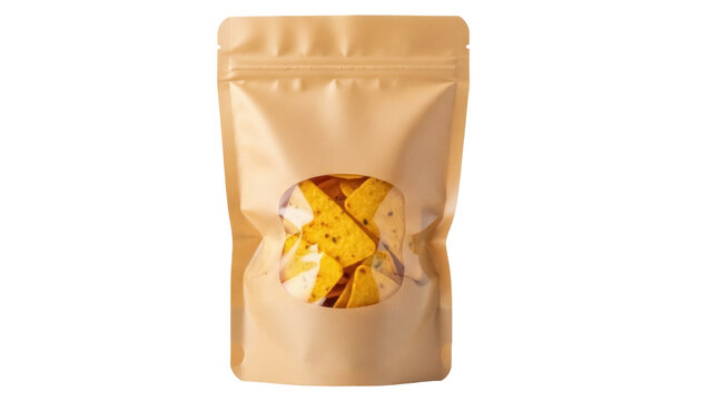 Kraft paper bag with tortilla chips isolated PNG, snack packaging with window on transparent background for food product mockups