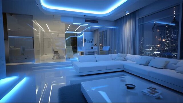 Futuristic luxury living room interior with blue neon lighting and night city skyline view through large windows in modern penthouse apartment