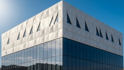 Modern architecture building exterior with geometric facade reflecting blue sky sunlight urban design