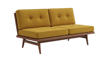 Fototapeta premium Mid-century modern mustard yellow loveseat isolated PNG, stylish two-seater sofa with tufted cushions for living room decor