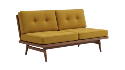 Mid-century modern mustard yellow loveseat isolated PNG, stylish two-seater sofa with tufted cushions for living room decor