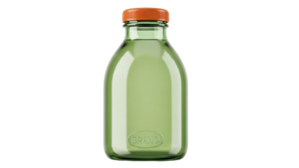 Green glass bottle with orange cap isolated PNG, refreshing drink container on transparent background for product mockups and design projects