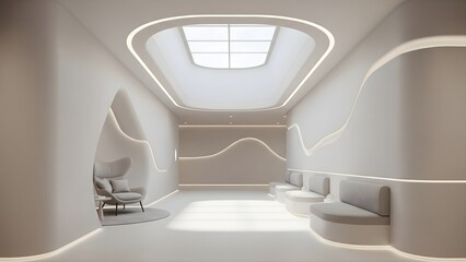 Interior design of modern white waiting room with creative lighting and lounge furniture