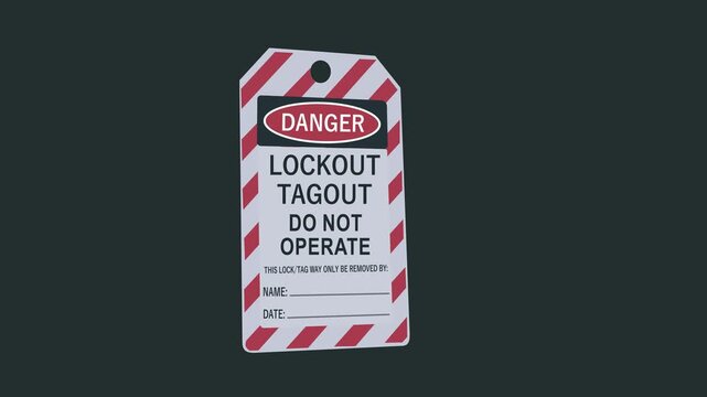 Lockout tagout safety sign hangs on industrial machinery belts to prevent operation and ensure worker protection in hazardous environments, and Motion graphics of danger card Template