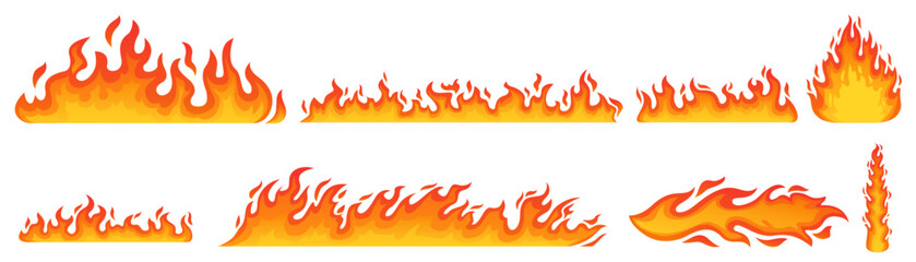 A vibrant collection of stylized cartoon fire flames in various burning shapes and sizes. © Kay