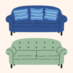 Vector illustration of two sofas, one with pillows in different colours isolated on light background. Flat cartoon furniture design for living room interior, home decor, modern illustration
