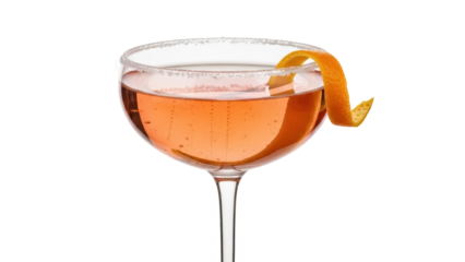 Elegant coupe glass with pink cocktail and orange twist isolated PNG, festive drink for celebrations and special occasions