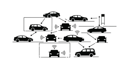 Autonomous vehicles communicating with each other and infrastructure in smart city, connected cars network, V2V and V2I technology, black and white illustration