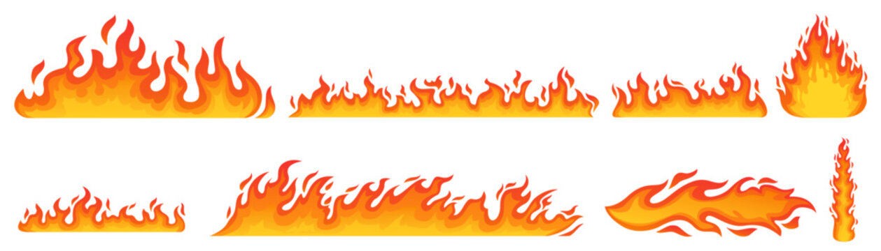 A vibrant collection of stylized cartoon fire flames in various burning shapes and sizes.