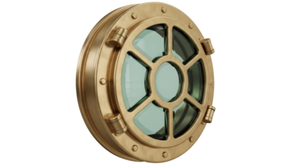 Gold nautical porthole PNG isolated on transparent background, vintage ship window with glass and metal frame for maritime decoration