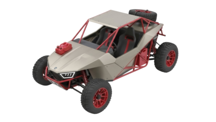 Tan and red off-road buggy isolated PNG, a four-wheeled vehicle for extreme terrain and recreational driving on transparent background