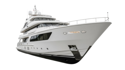 Luxury superyacht isolated PNG on transparent background, modern motor yacht with sleek design and multiple decks for high-end travel and leisure