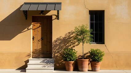 Charming facade with wooden door stone steps and terracotta pots under warm sunlight casts
