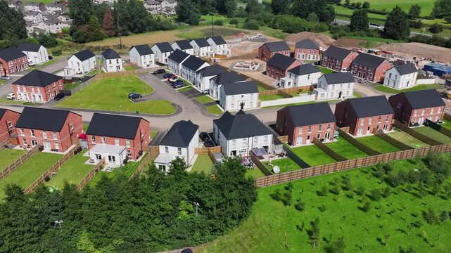 Drone view of newly built Residential homes in Ballymena Town Co Antrim Northern Ireland