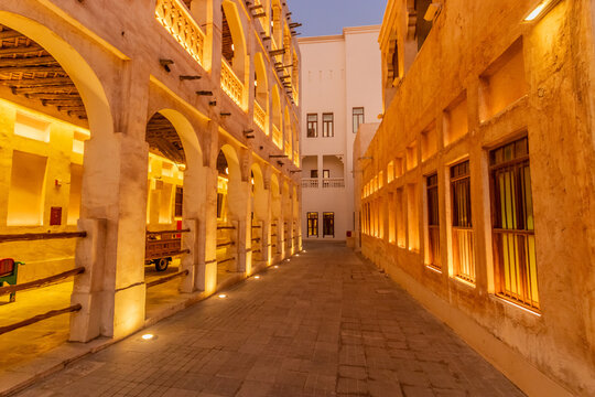 Evening view of an alley at Horse stables at Souq Waqif market in Doha, Qatar