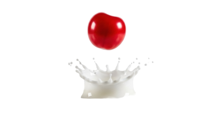 Red cherry falling into milk splash PNG isolated on transparent background, fruit drop with liquid crown for food and beverage design