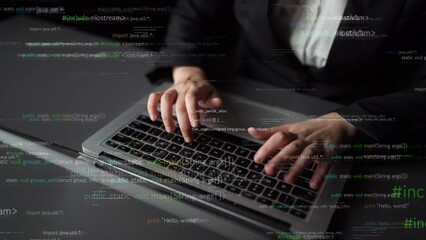 A professional programmer is actively coding on a laptop, surrounded by digital programming code. The image captures a blend of technology and creativity in a modern office setting. Xenic