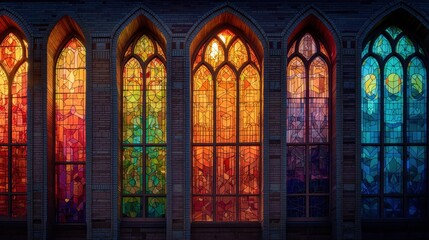 Fototapeta premium Stained glass windows display a variety of colors and designs in a historic building. The light shines through creating a vibrant scene in the late afternoon.