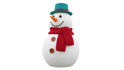 Festive snowman with red scarf and teal hat isolated PNG, winter holiday season decoration on transparent background