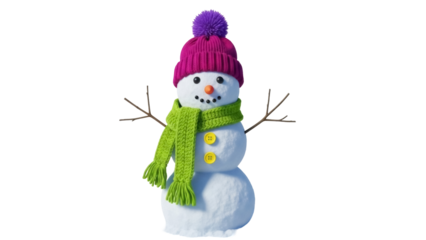 Festive snowman with pink hat and green scarf isolated PNG, winter holiday season decoration on transparent background