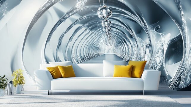 Futuristic tunnel mural adorns a modern living room, featuring a white couch and yellow pillows; sleek, abstract design