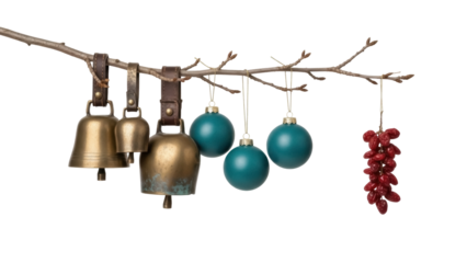 Christmas decoration with golden bells, teal ornaments and red berries on branch isolated PNG, festive holiday decor on transparent background