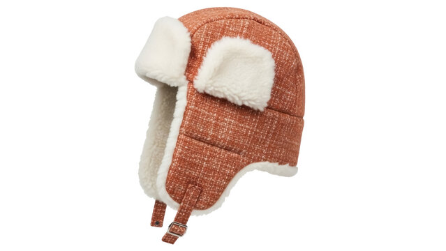 Orange tweed trapper hat with faux fur trim isolated PNG, warm winter headwear for cold weather fashion on transparent background