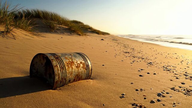 Rusty discarded metal barrel half buried in sand on a deserted beach with ocean waves and dunes