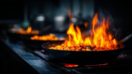 Dynamic Cooking Flames in a Modern Kitchen