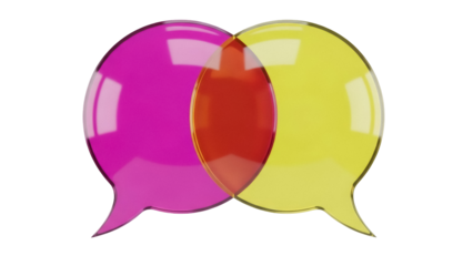 Overlapping speech bubbles PNG isolated on transparent background, communication concept with pink and yellow chat icons for social media and design