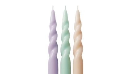 Pastel twisted candles PNG isolated on transparent background, set of three decorative wax candles for holiday and home decor