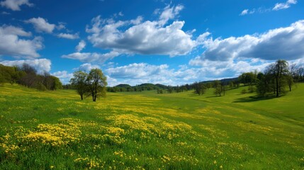 A green field covered with yellow flowers stretches across the landscape. Trees are scattered throughout the area. The sky is blue with clouds. This scene captures spring.