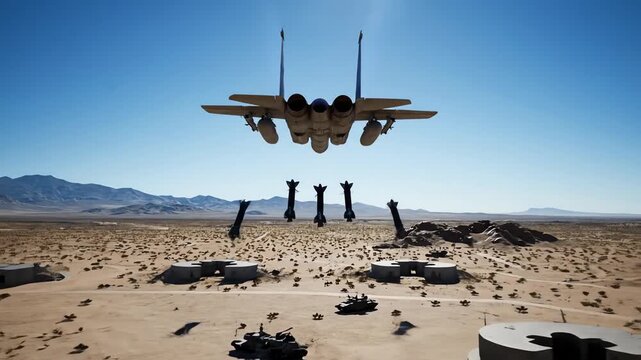 Dramatic Aerial View of a Fighter Jet Conducting a Bombing Run Over a Desert Landscape