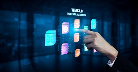 The Web 3.0 decentralization technology ecosystem. A flowchart of interconnected concepts like AI, blockchain, security, and decentralized finance. Motif
