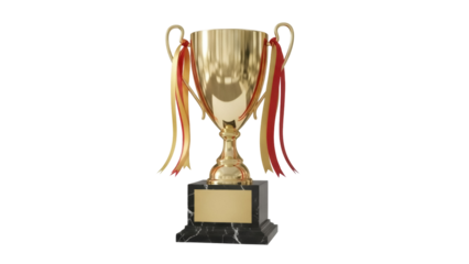 Golden trophy cup with red and gold ribbons isolated PNG, award prize for winning a competition or championship on transparent background