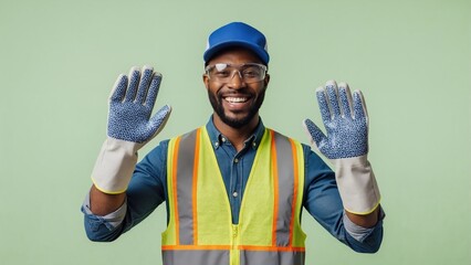 Obraz premium Happy African American construction worker in safety gear smiling at camera. Professional builder wearing high-visibility vest and gloves waving his hands on green background