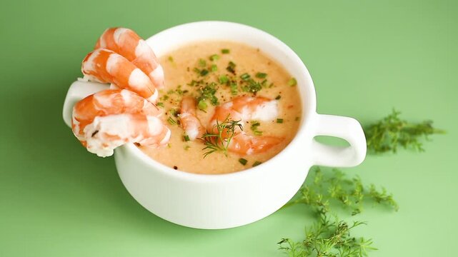 Hot savory shrimp chowder with dill and chives in elegant ceramic cup