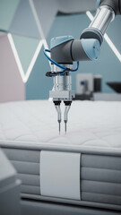 Robotic arm manufacturing mattress on automated production line. Vertical photo of industrial machinery in modern factory. Industry 4.0 and smart technology concept
